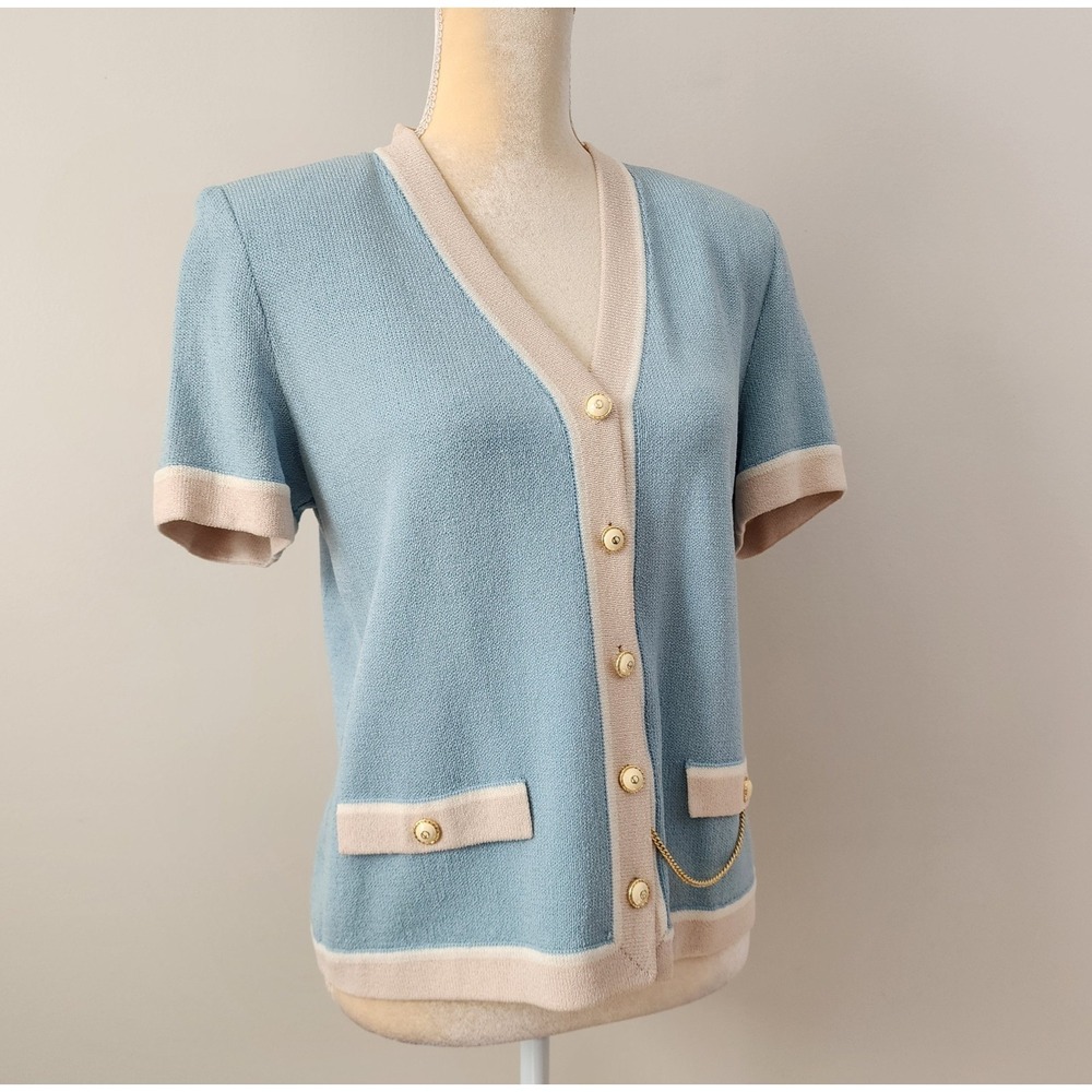 VTG ST. JOHN Marie Gray Size 6 Light Blue Santana Knit SS Jacket & Pencil Skirt - Picture 5 of 11